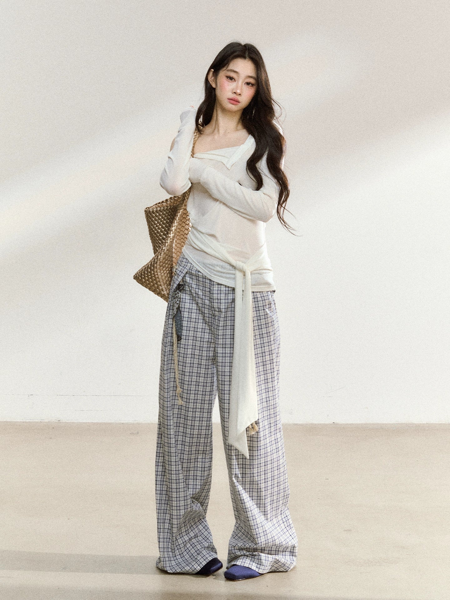 Relaxed Plaid Cotton Wide-Leg Trousers