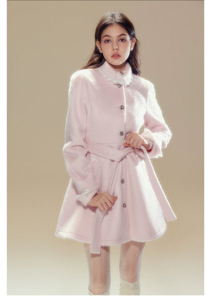 Pink Wool Lace Trim Waist Belted Coat - CHINASQUAD