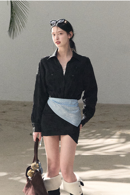 Waist-Cinched Long-Sleeve Shirt Dress