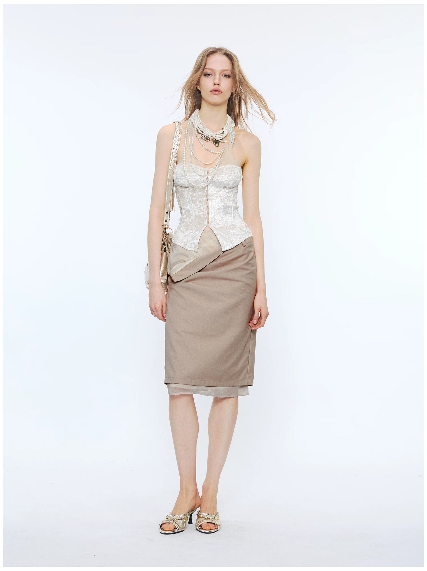 Deconstructed Check Patchwork Straight Midi Skirt