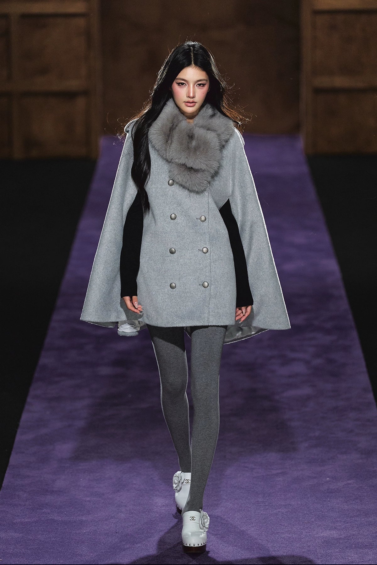 Wool-Blend Detachable Fur-Collar Cape Coat