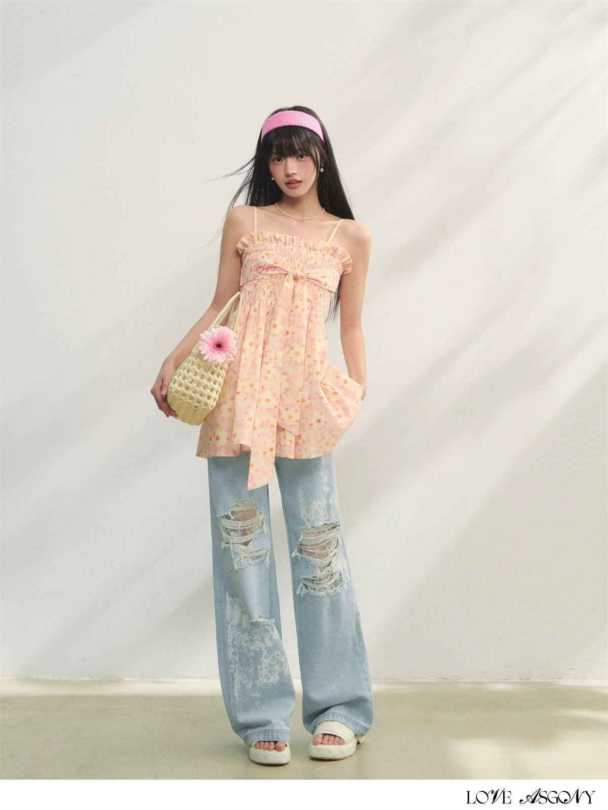 Lace-Trimmed Printed Rhinestone-Embellished Jeans