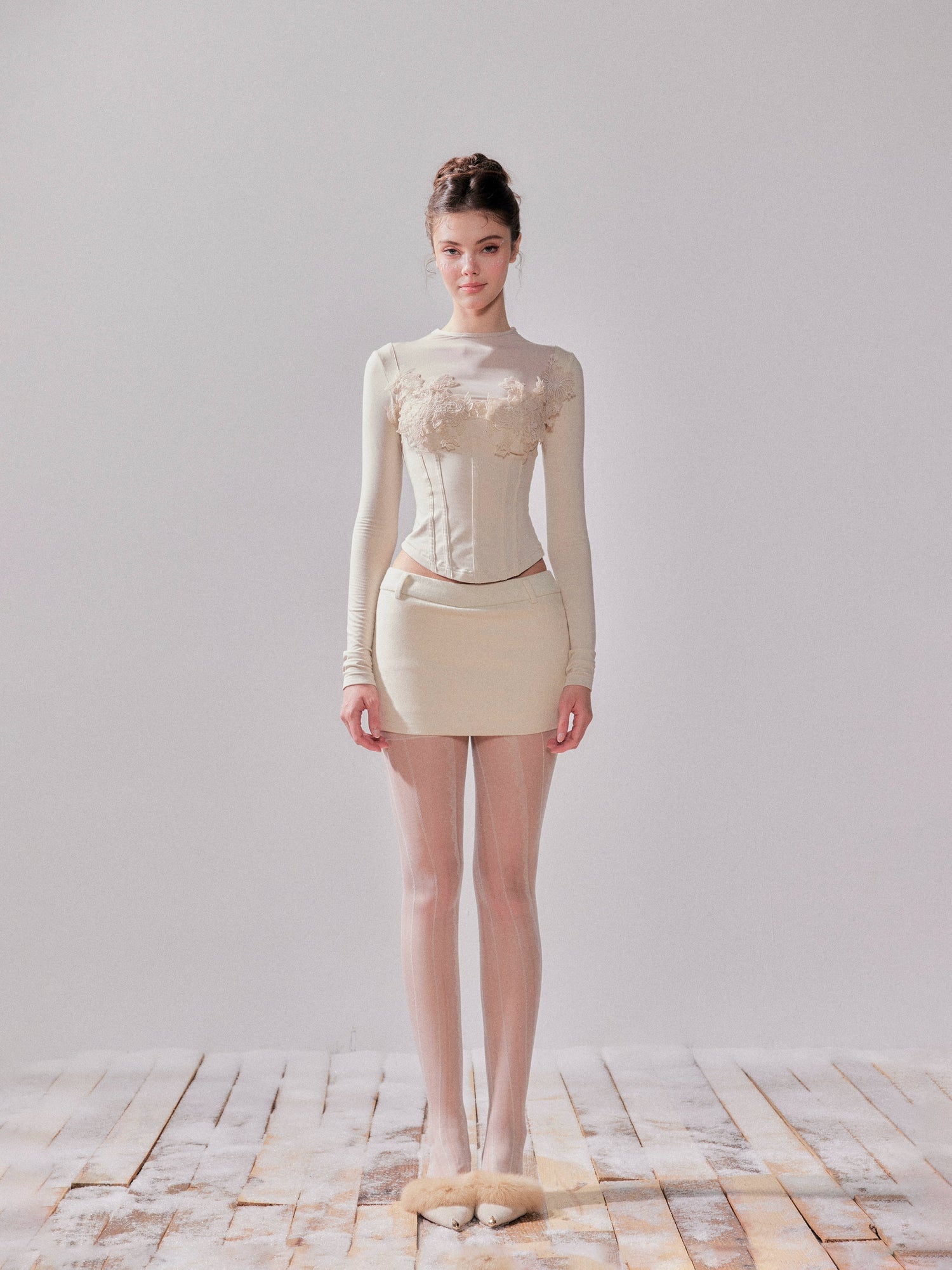 Pine Cream Lace Thermal Knit Top &amp; Skirt Set