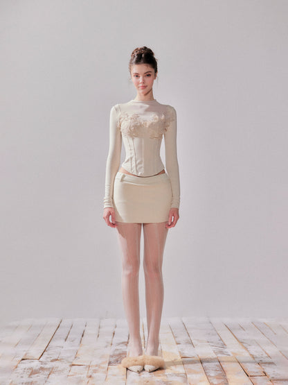 Pine Cream Lace Thermal Knit Top &amp; Skirt Set