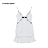 White & Black Beaded Embellished Halter Mini Dress - CHINASQUAD