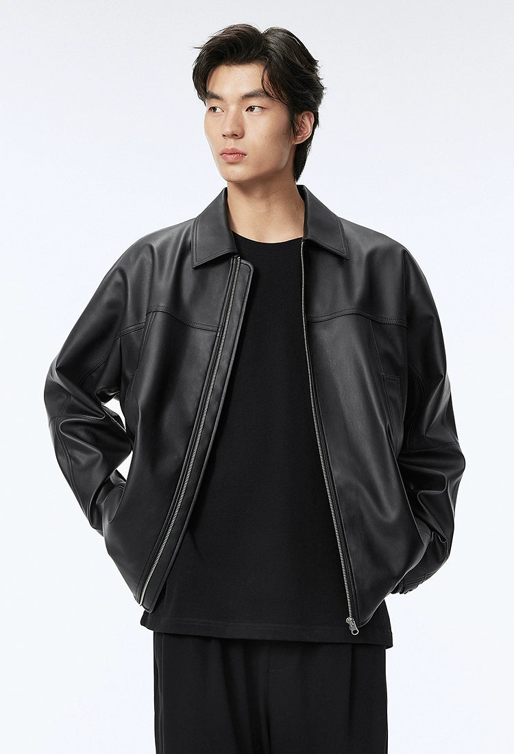 PU Lapel Zip-up Leather Jacket - CHINASQUAD