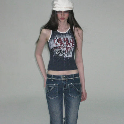 Vintage Graphic Contrast Trim Slim Fit Tank Top