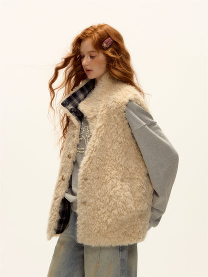 Reversible Plaid Fleece Button-Up Vest
