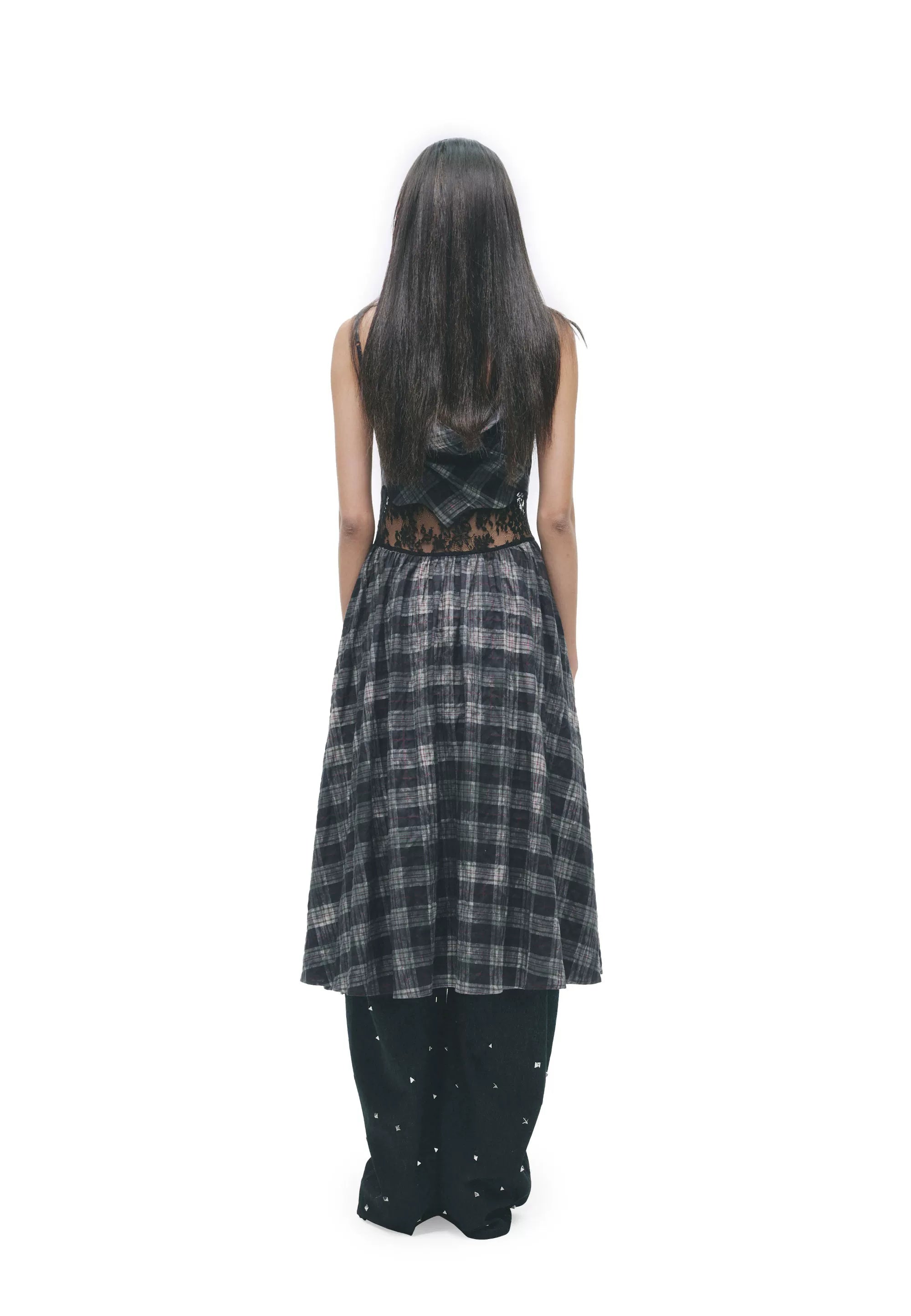 Grunge Plaid Lace Panel Slip Dress