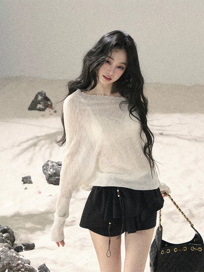 Sheer Off-Shoulder Sun Protection Knit Top Set