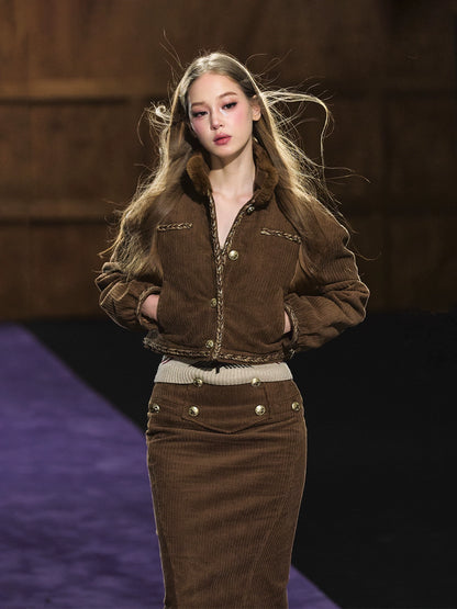 Corduroy Fur-Collar Jacket &amp; Skirt Set