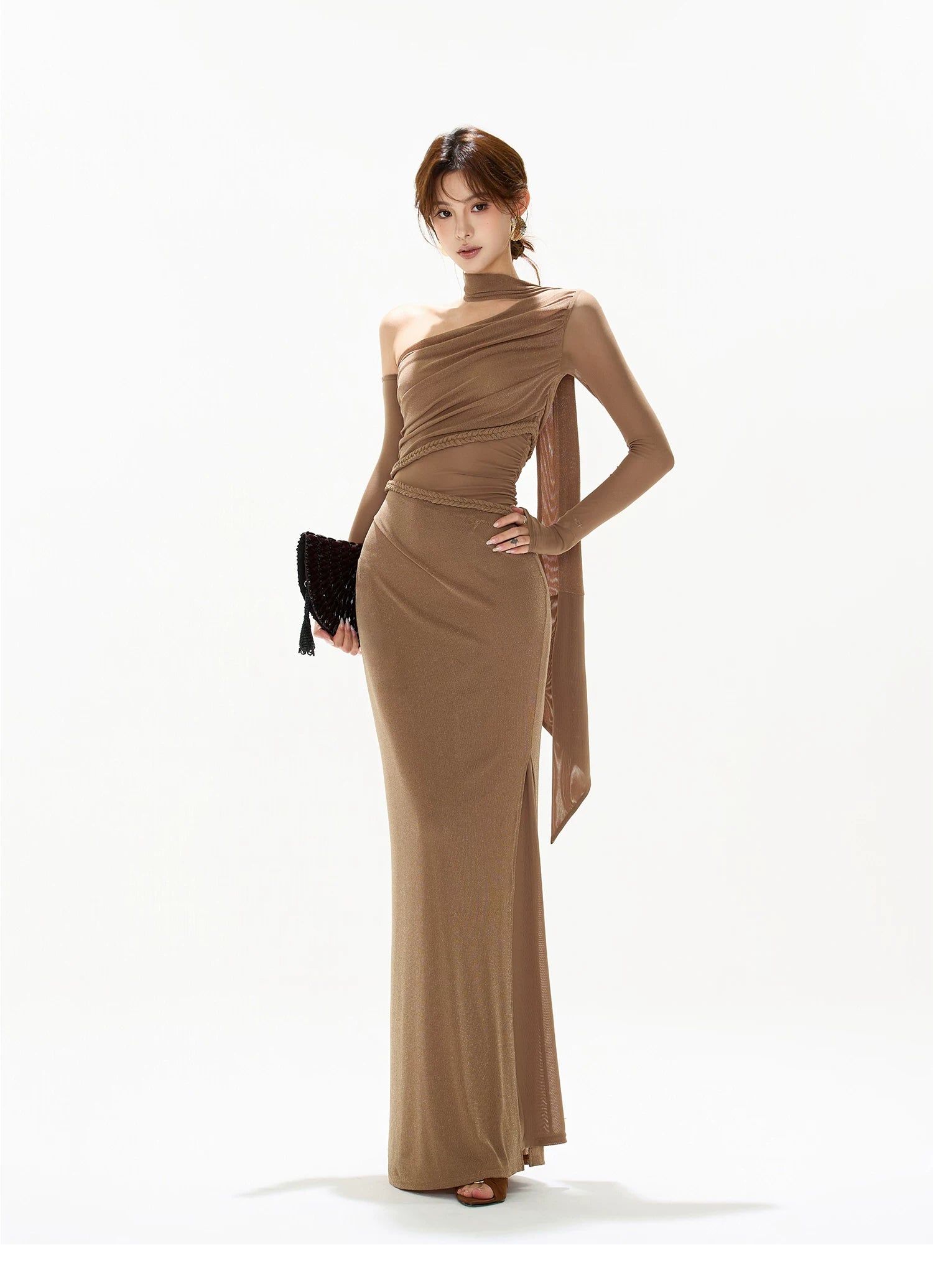 One-Shoulder Mesh Cut-Out Maxi Dress