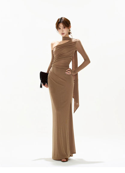 One-Shoulder Mesh Cut-Out Maxi Dress