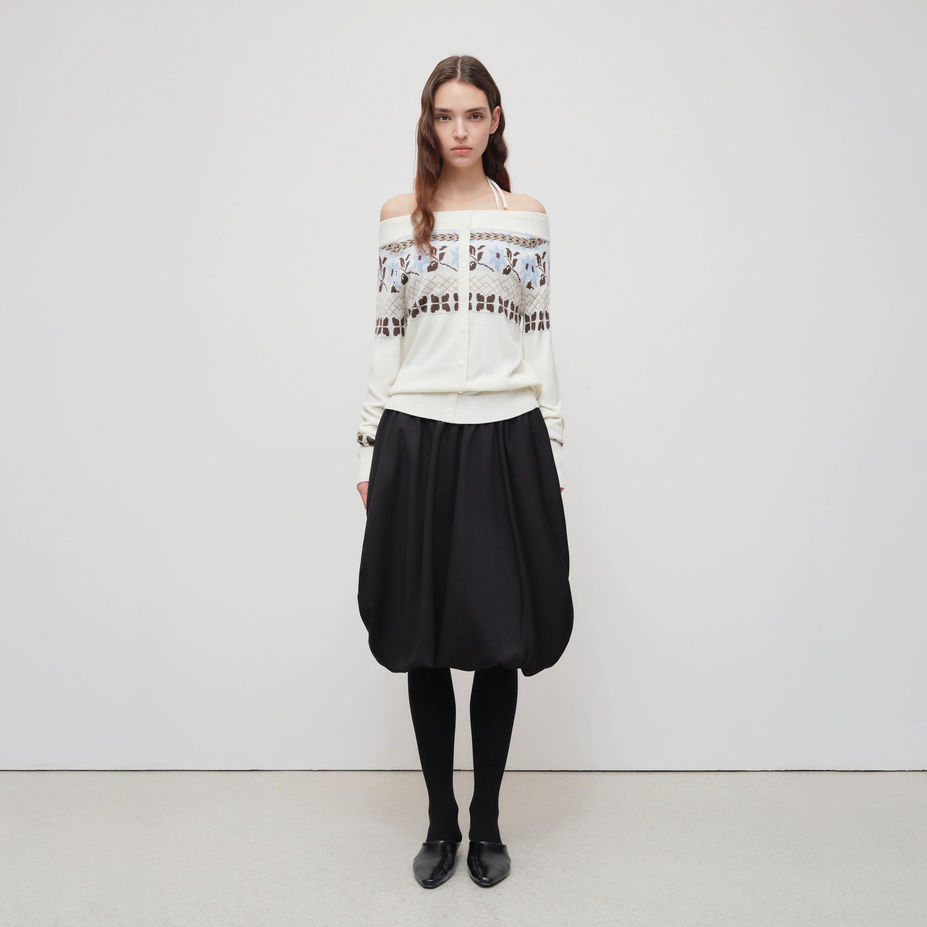 Air Isle Off-Shoulder Wool Knit Sweater