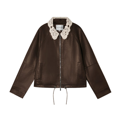 Detachable Collar Zip-Up Leather Jacket