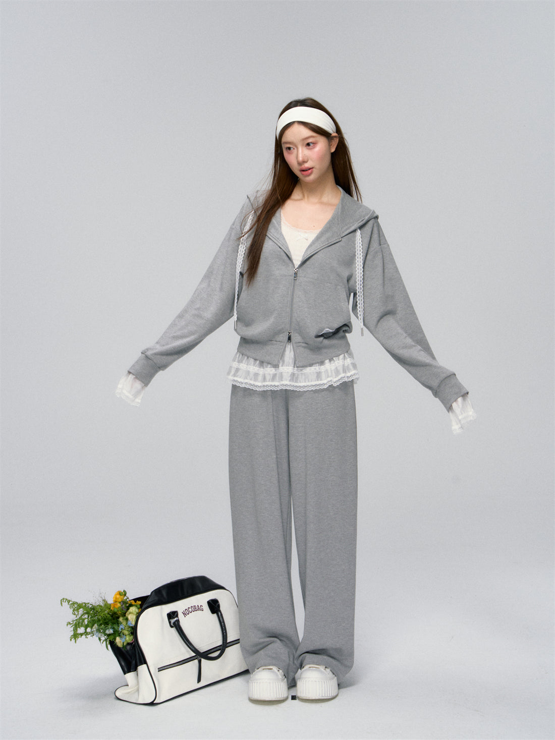 Gray Lace-Trimmed Casual Hoodie &amp; Pant Set