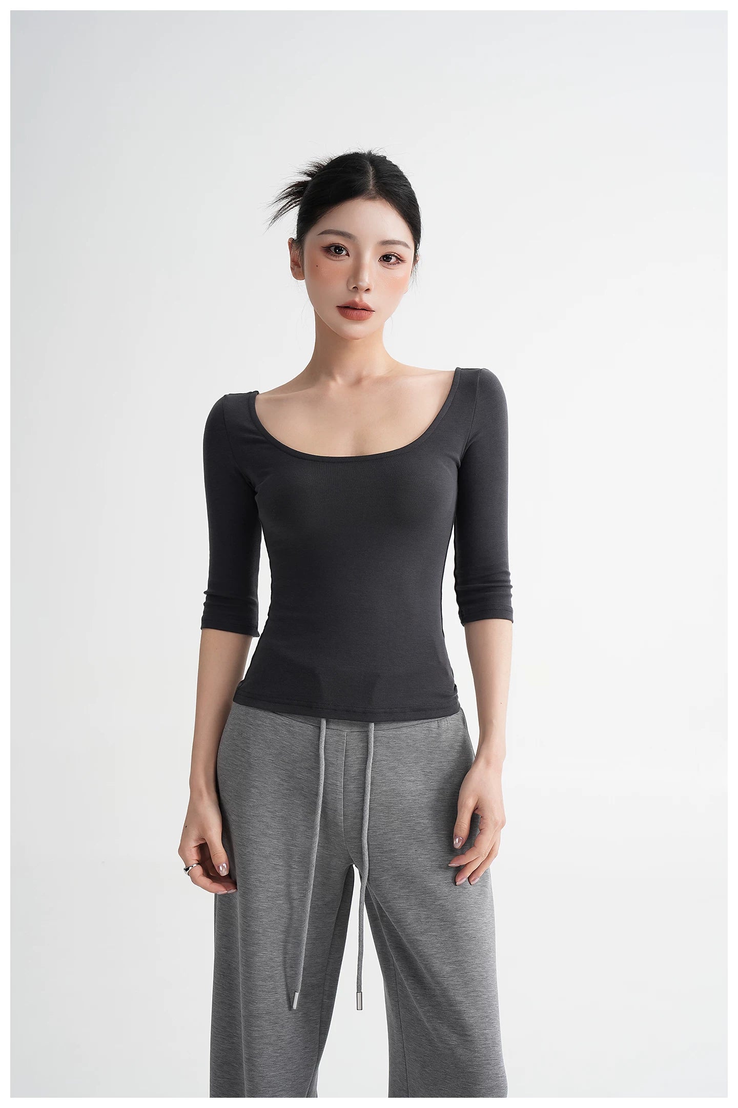 Lyocell Open-Back Fitted Mid-Sleeve T-Shirt