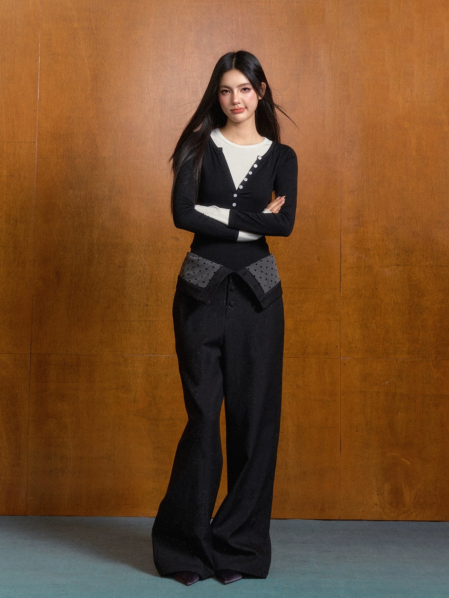 Polka Dot Contrast High-waist Suit Pants