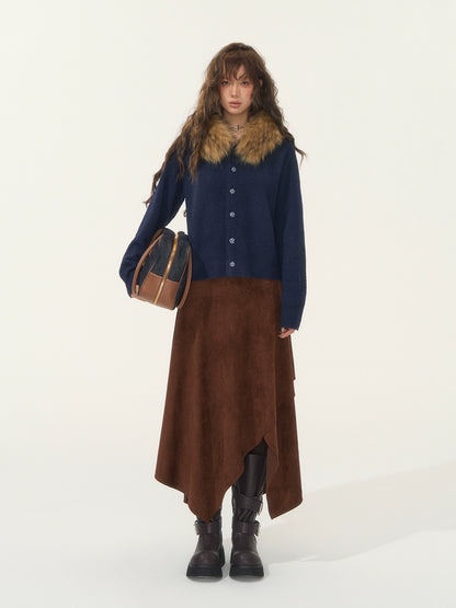 Detachable Fur-Collar Fleece Hooded Cardigan