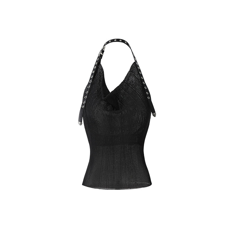 Black &amp; Silver Draped Neckline Belt Tank Top