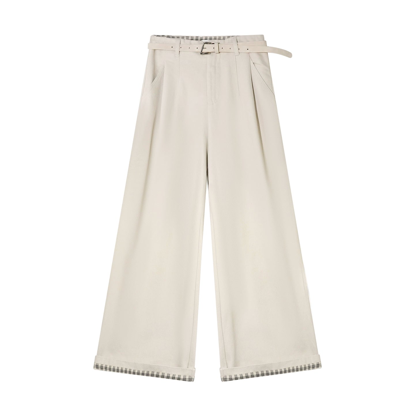 Plaid Cuff Belted High-Waist Wide-Leg Pants