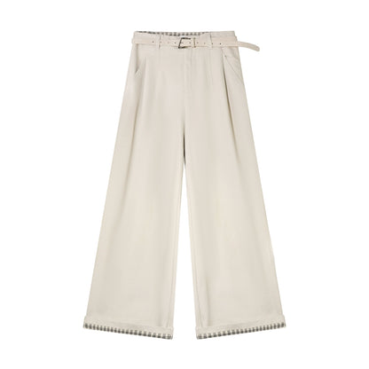 Plaid Cuff Belted High-Waist Wide-Leg Pants