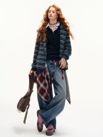 Striped Plush Cat-Ear Zip-up Hoodie