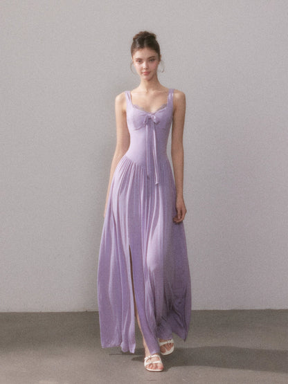 Lace Knit Spaghetti Strap Slit Long Dress - CHINASQUAD