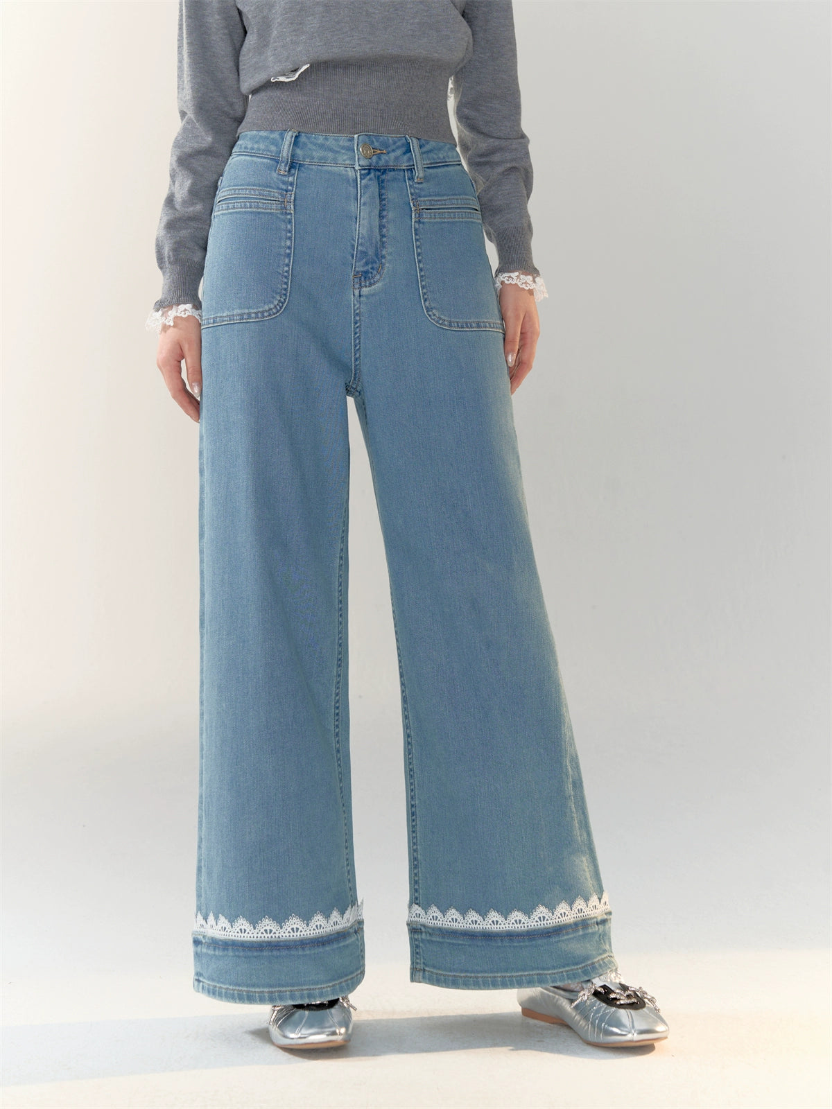 Lace Band Straight-leg Denim Jeans