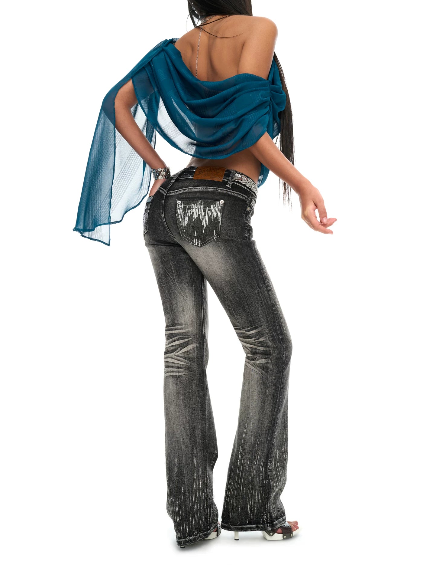 Vintage Embellished Flared Stretch Denim Jeans