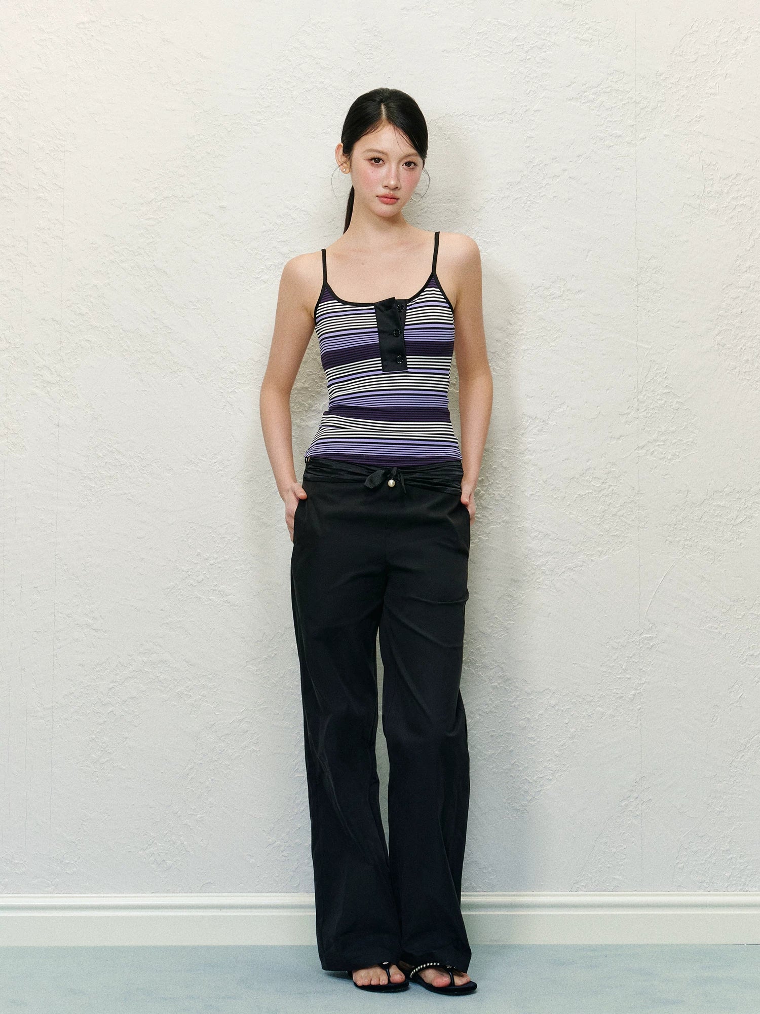 Satin Waist Bow Pearl Casual Pants
