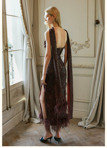 Diamond Sequin Feather Drape Tie Strapless Midi Dresse
