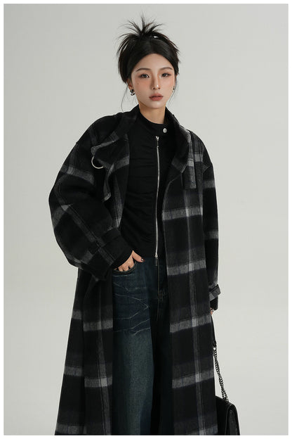 Plaid Stand-Collar Double-Faced Wool Coat