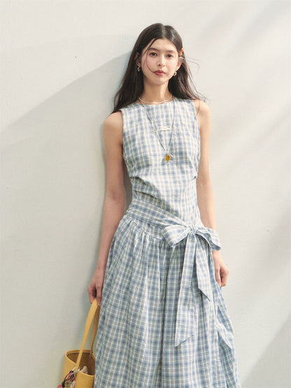Belted Waist Checked Vest Dress - CHINASQUAD