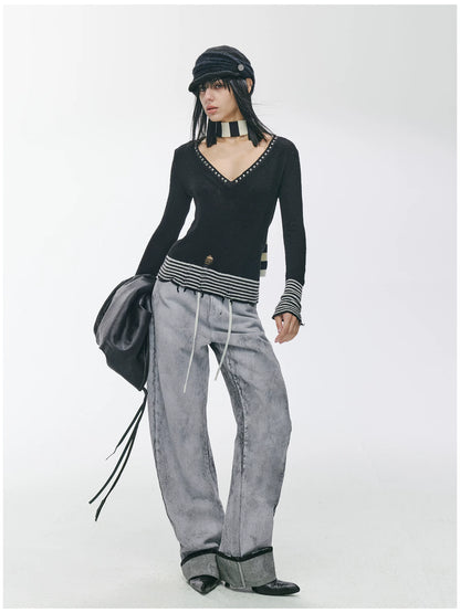 Striped Panel Slim-Fit Wool Knit Top