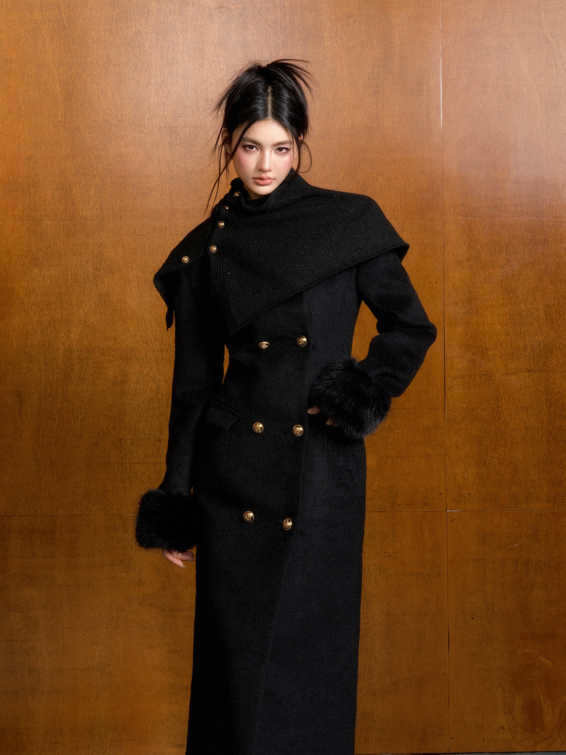 AGAM STUDIO Detachable Fur Waist-Fitted Wool Coat &amp; Scarf Set – view 3