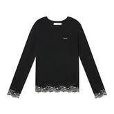 Lace-Paneled Round-Neck Long-Sleeve T-Shirt - CHINASQUAD