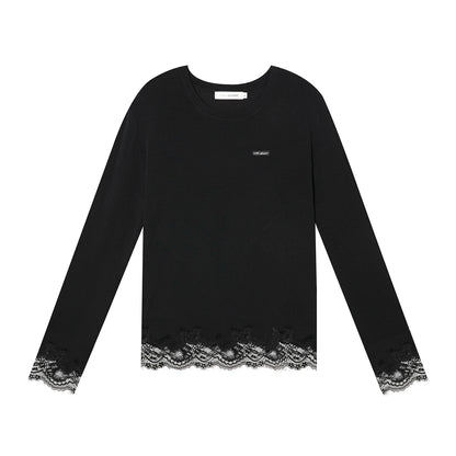 Lace-Paneled Round-Neck Long-Sleeve T-Shirt - CHINASQUAD