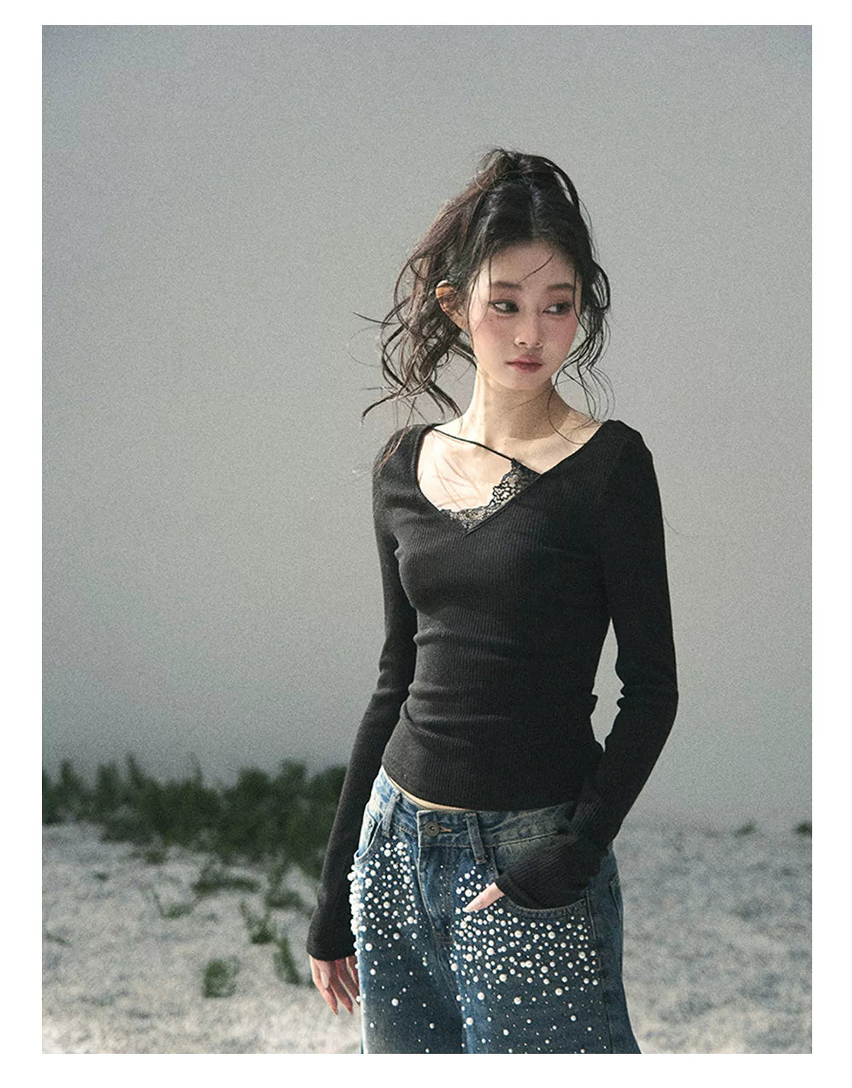 Deep V Lace Knit Top