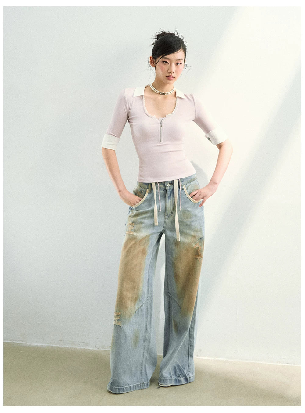 Lace Trim Half-Zip Knit Polo T-Shirts