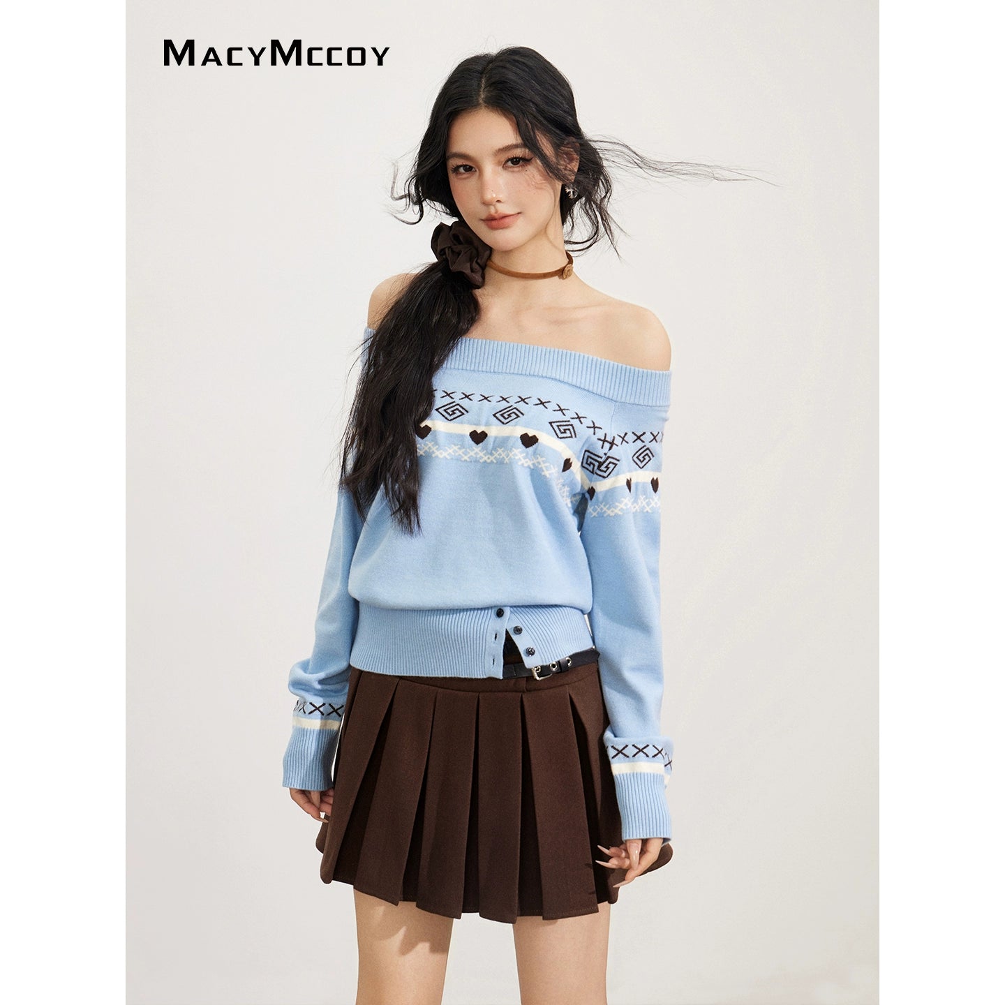 Fair Isle Off-Shoulder Knit Sweater