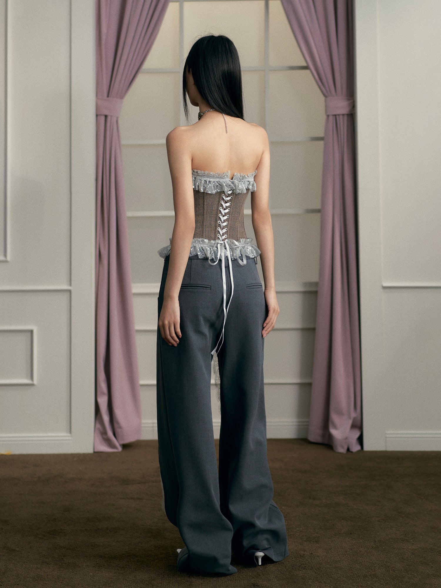 Gray Lace Panel Wide-Leg Pants - CHINASQUAD