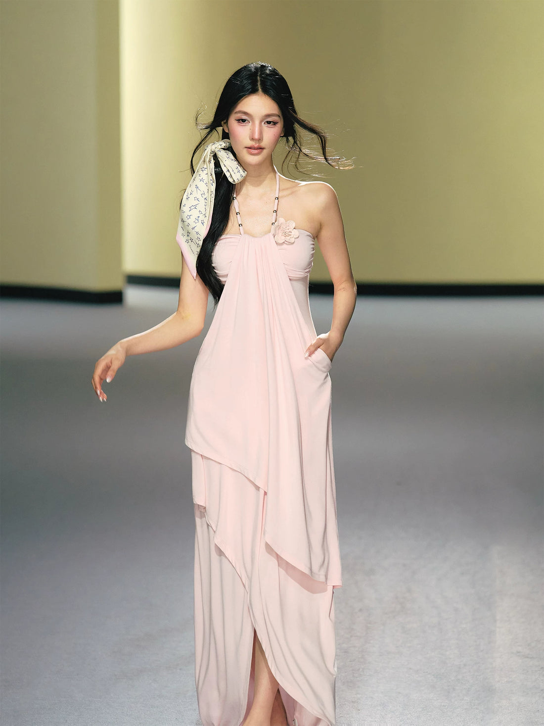 Blush Layered Halter Draped Maxi Dress