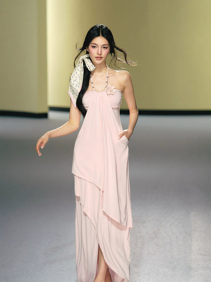 Blush Layered Halter Draped Maxi Dress