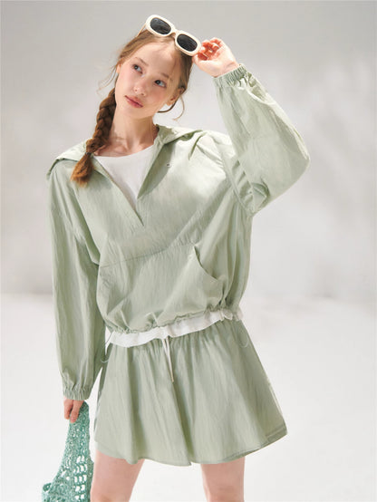 Hooded Drawstring Sun-Protective Jacket &amp; A-Line Skirt Set