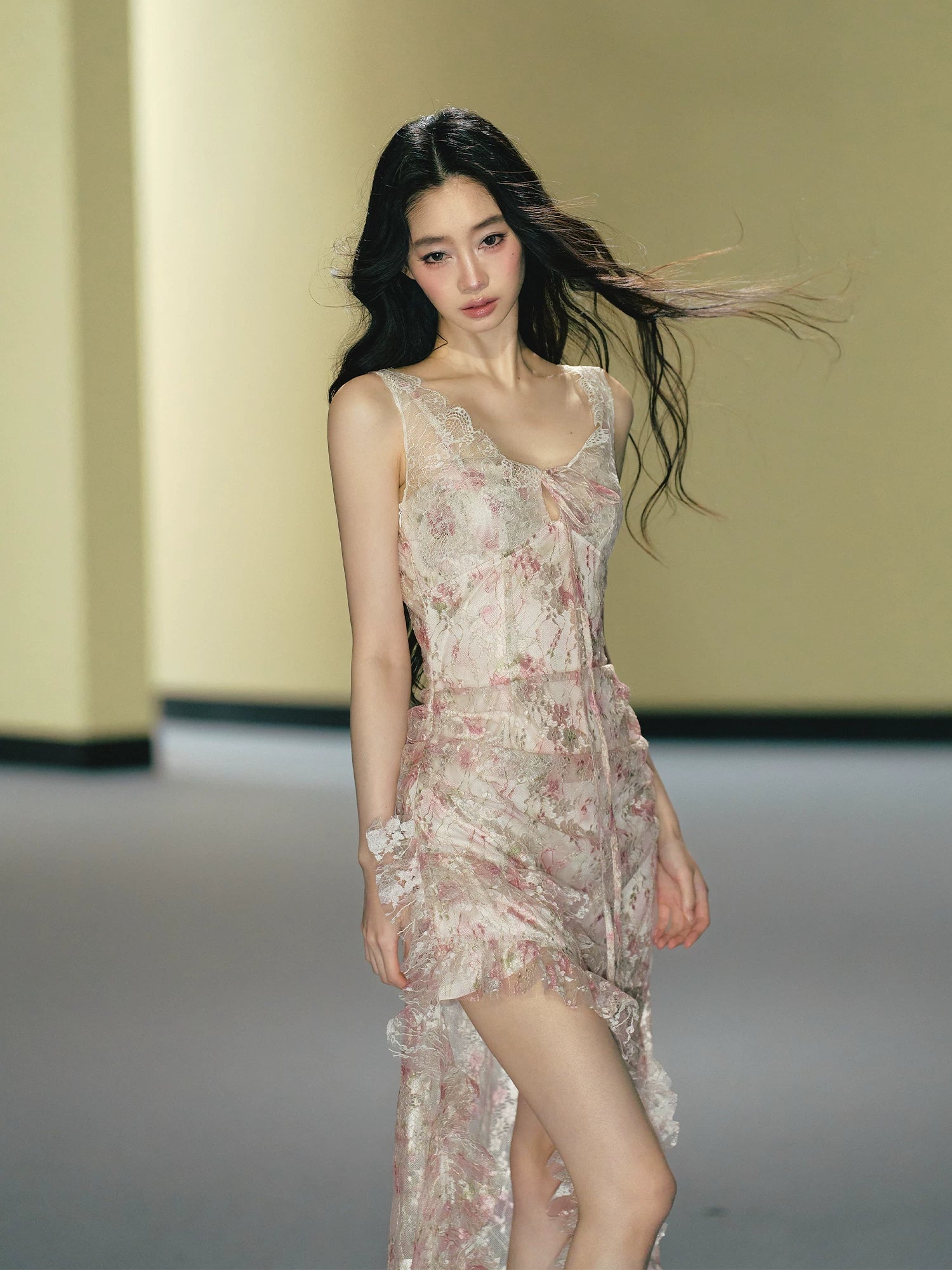 Misty Blush Lace-Panel Slip Maxi Dress