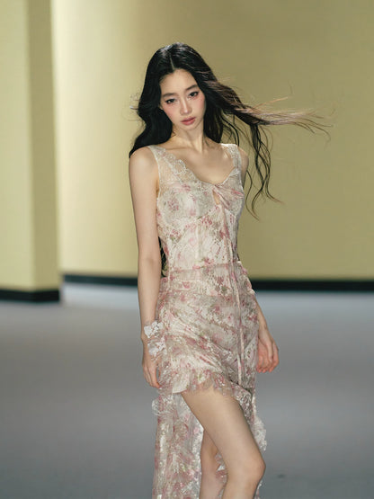 Misty Blush Lace-Panel Slip Maxi Dress