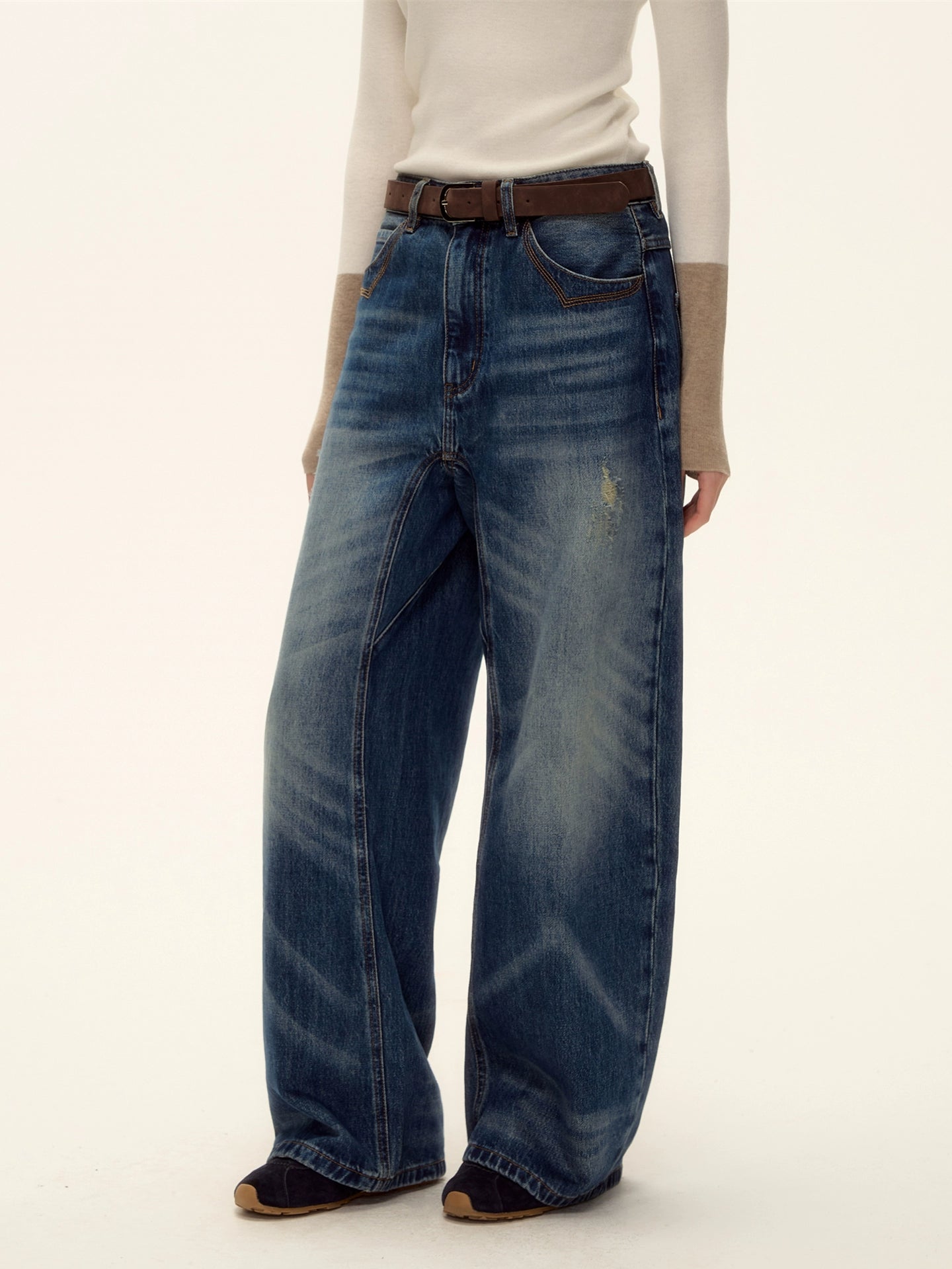 Vintage Washed Distressed Wide-Leg Jeans