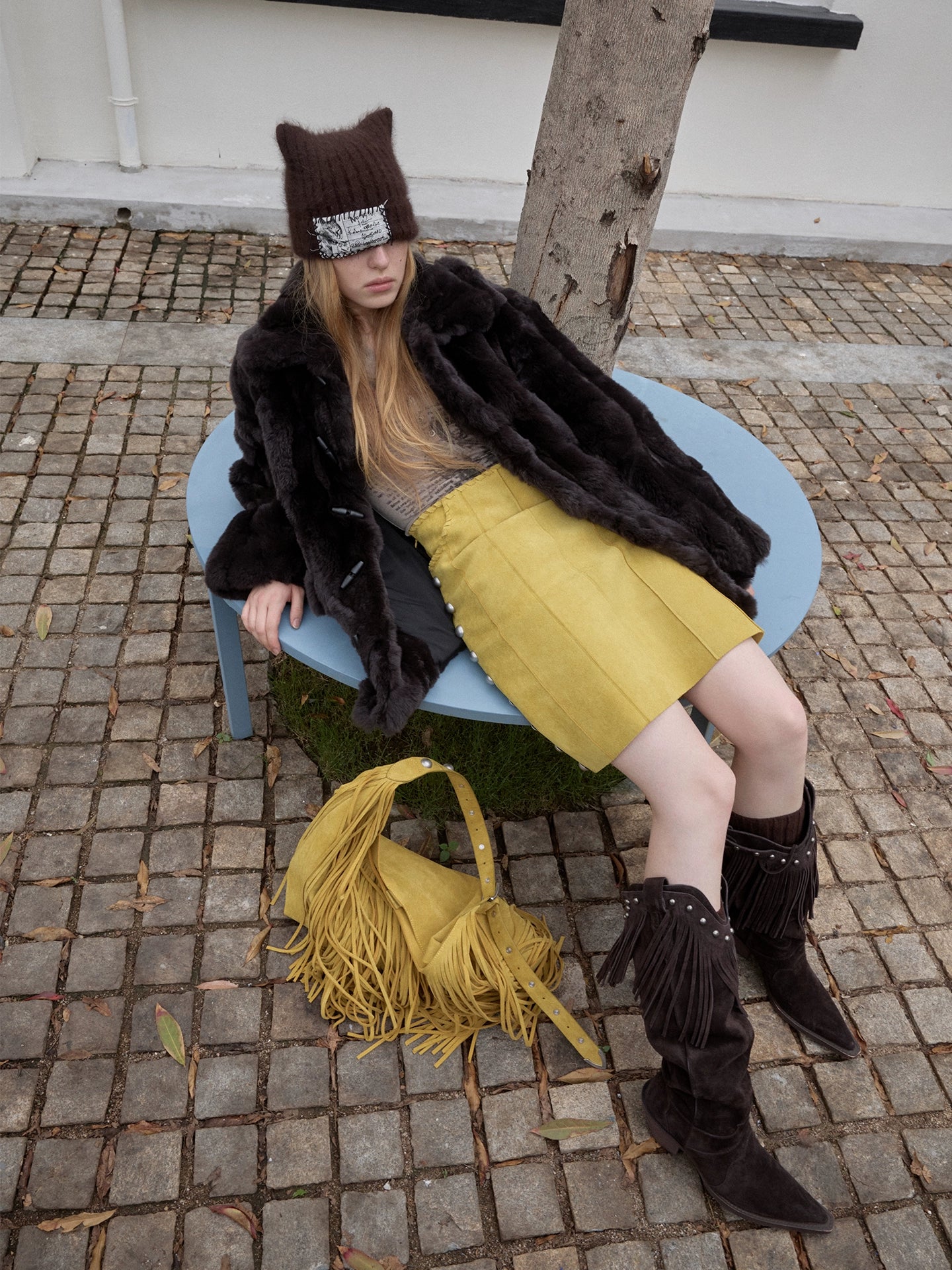 Suede Studded High-Waist Midi Skirt