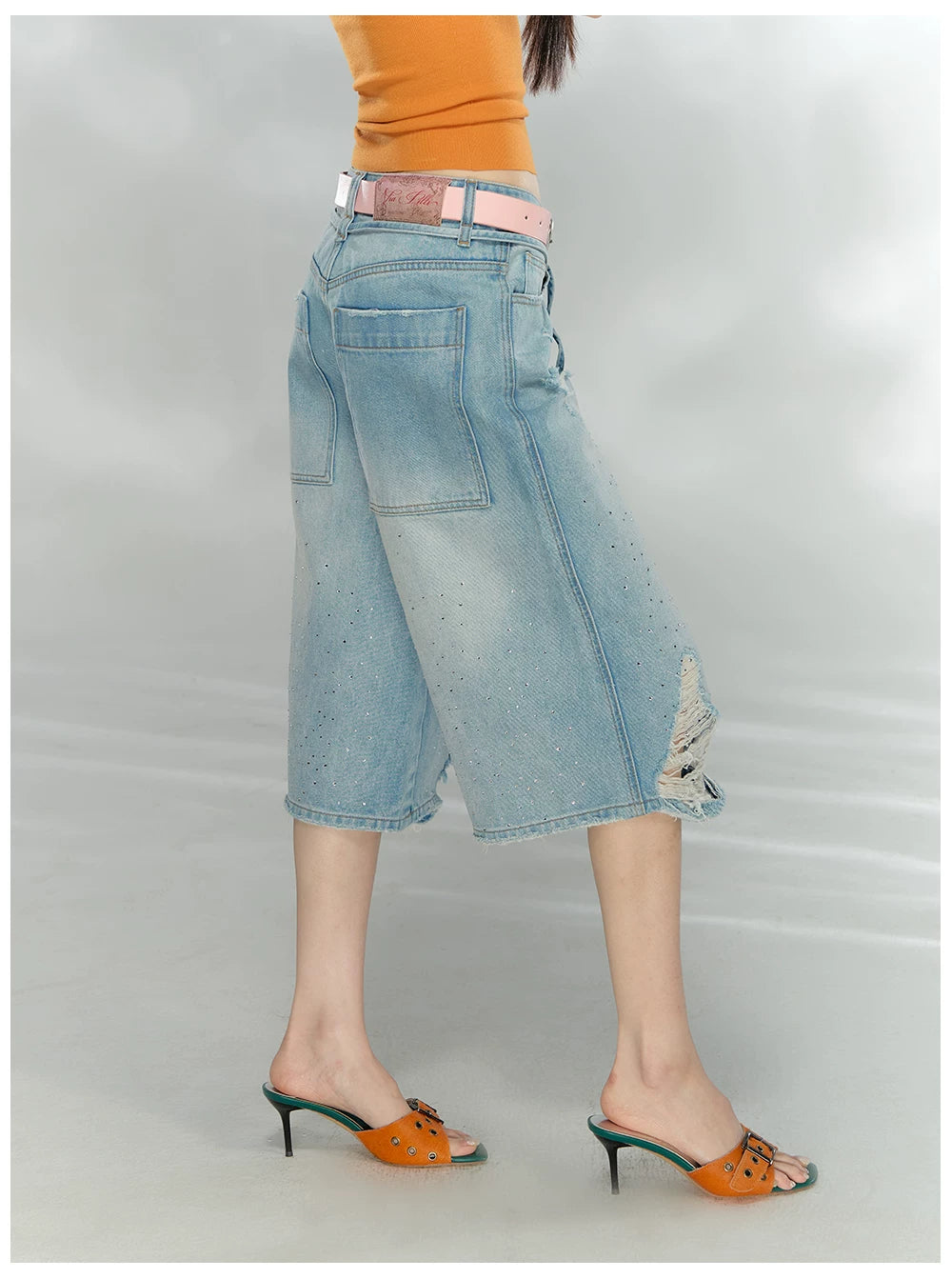 Crystal Distressed Cropped Straight-Leg Denim Jeans
